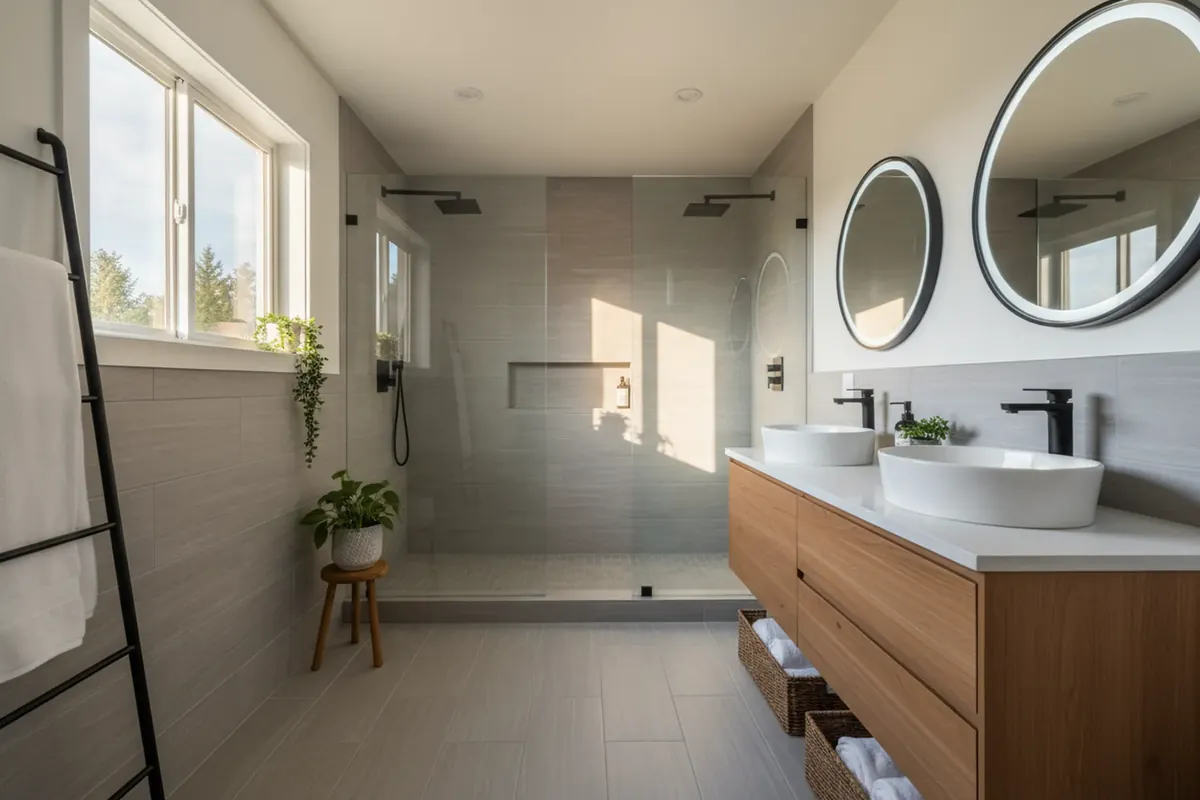 Renovated bathroom with tiled walk-in shower