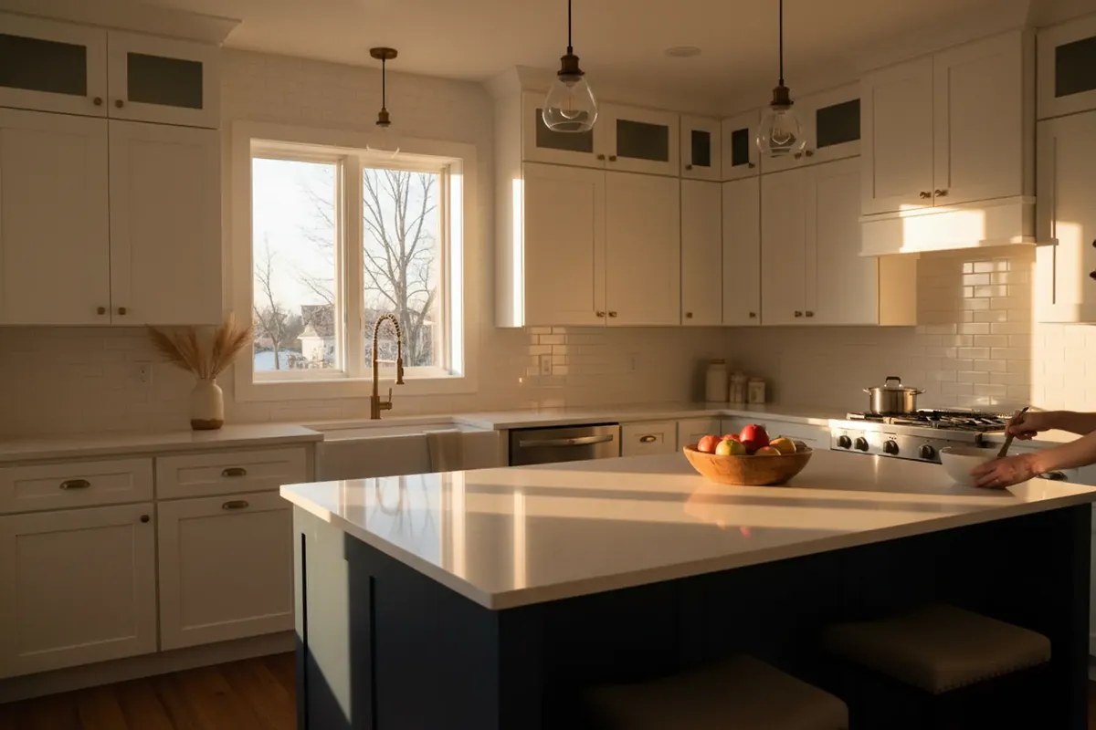 Renovated kitchen with island and pendant lighting